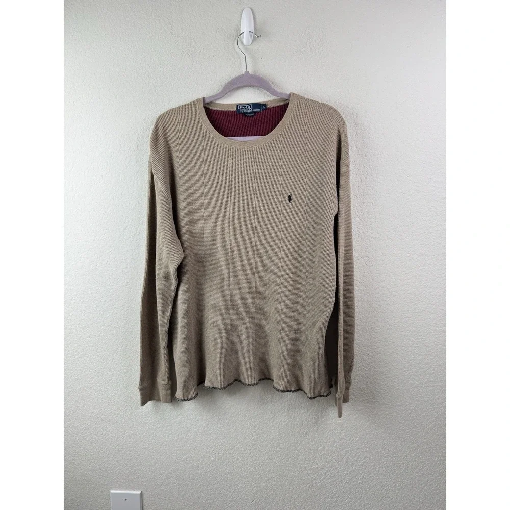 Polo Ralph Lauren Long Sleeve Thermal Shirt Men's L Beige Waffle Knit Baselayer